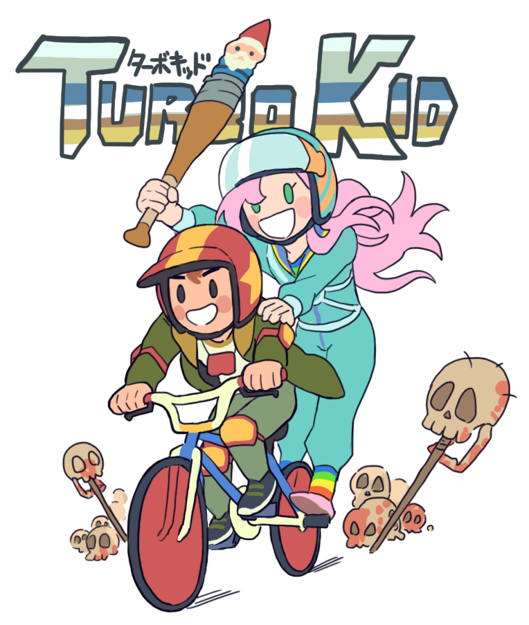 1boy, 1girl, apple_(turbo_kid), bicycle, black_eyes, blush_stickers, commentary, copyright_name, garden_gnome, gashi-gashi, green_eyes, helmet, long_hair, open_mouth, pink_hair, riding, riding_bicycle, simple_background, skull, symbol-only_commentary, the_kid_(turbo_kid), turbo_kid, white_background