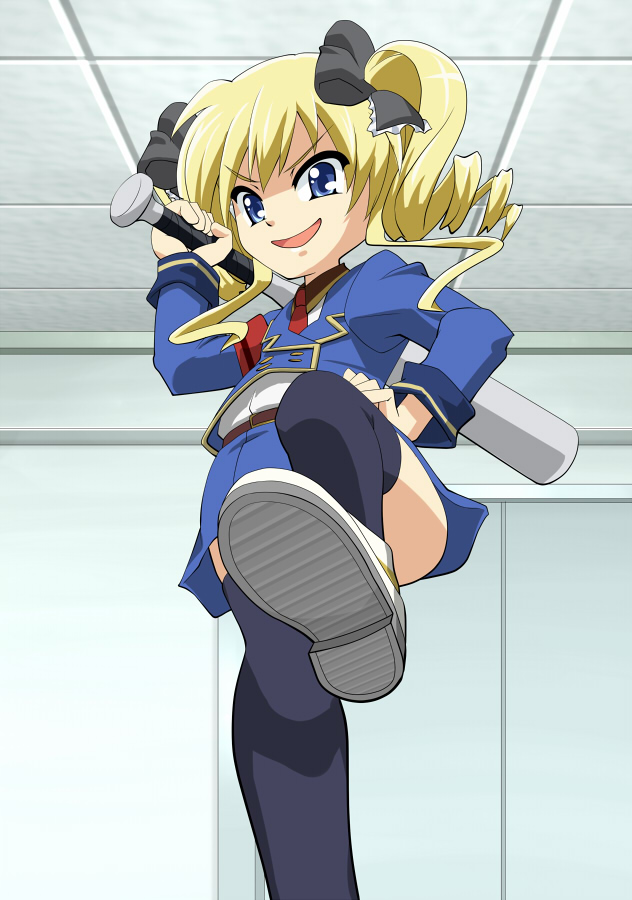 aluminum_bat, baseball_bat, black_legwear, black_thighhighs, blonde_hair, blue_eyes, bow, drill_hair