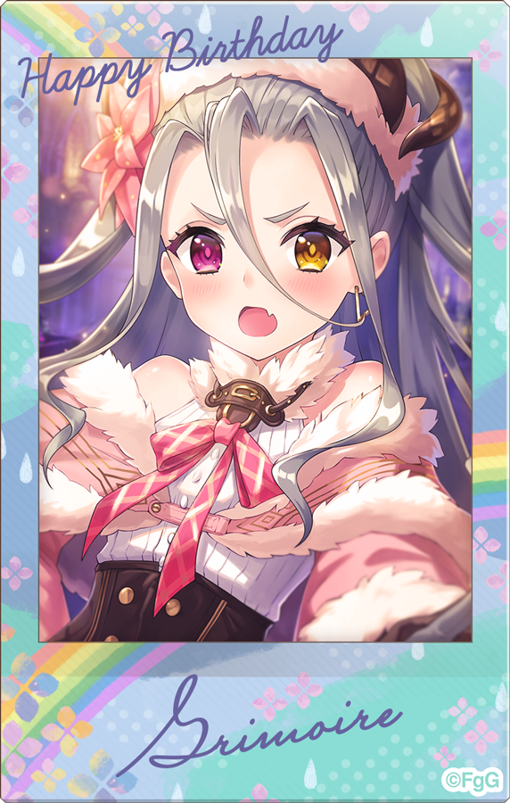 1girl, character_name, commentary_request, copyright_notice, earrings, fang, flower, forehead