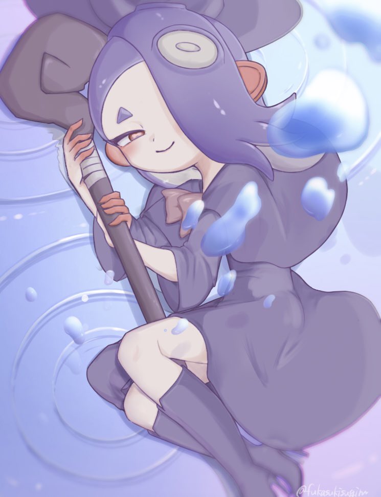 1girl, alternate_costume, black_dress, black_footwear, blue_hair, boots, cephalopod_eyes, commentary_request