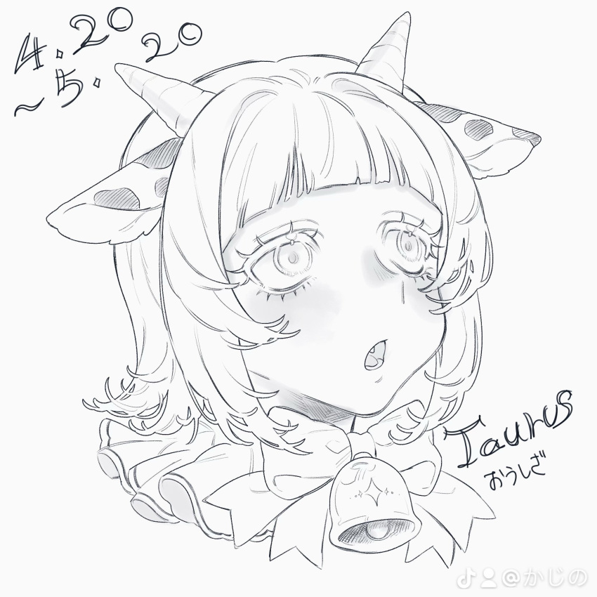 1girl, animal_ears, bell, commentary_request, cow_ears, cow_girl, cow_horns, cowbell, fang, frilled_shirt_collar, frills, highres, horns, kajino, neck_bell, original, personification, portrait, short_hair, simple_background, solo, taurus_(zodiac), white_background, zodiac