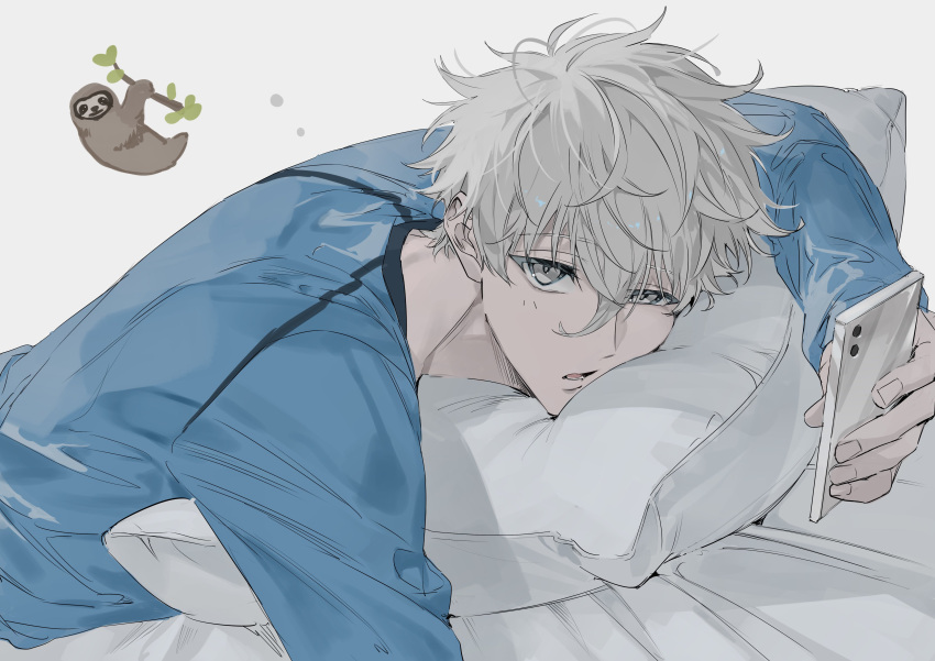 1boy, absurdres, blue_lock, blue_pajamas, blue_shirt, bomber_tarou, commentary, grey_eyes, grey_hair, head_on_pillow, highres, holding, holding_phone, long_sleeves, looking_at_viewer, lying, male_focus, nagi_seishirou, on_bed, on_stomach, pajamas, parted_lips, phone, shirt, short_hair, simple_background, sleepwear, sloth_(animal), solo, symbol-only_commentary, teeth, upper_body, white_background