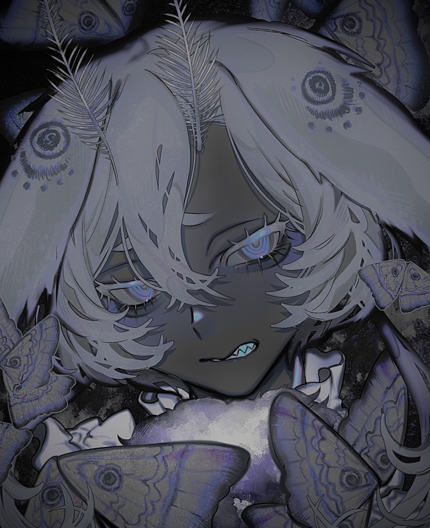 1boy, arthropod_boy, black_background, blue_eyes, bug, colored_eyelashes, colored_skin, commentary_request, frilled_shirt_collar, frills, grey_hair, grey_skin, highres, kajino, looking_at_viewer, male_focus, moth, moth_antennae, moth_boy, neck_fur, original, portrait, ringed_eyes, sharp_teeth, short_hair, solo, teeth