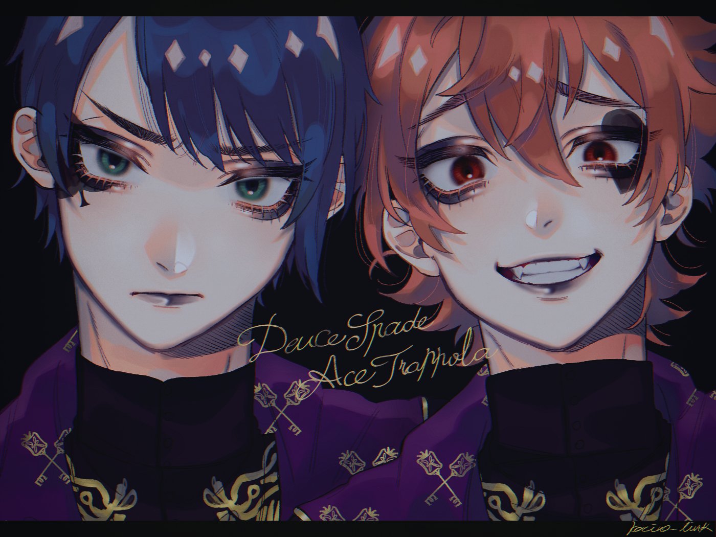 2boys, ace_trappola, aqua_eyes, black_background, blue_hair, character_name, commentary_request, deuce_spade
