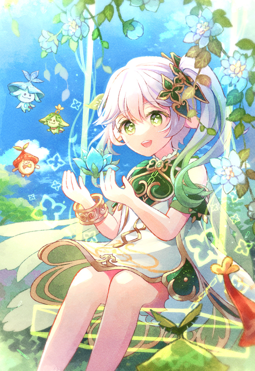 1girl, bare_shoulders, bloomers, bracelet, detached_sleeves, dress, genshin_impact, gold_trim