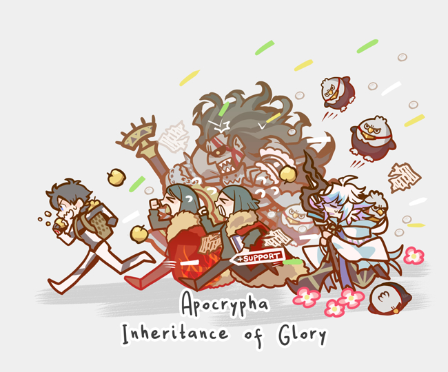 >_<, 5boys, ahoge, apple, brown_hair, cape, closed_eyes, copyright_name