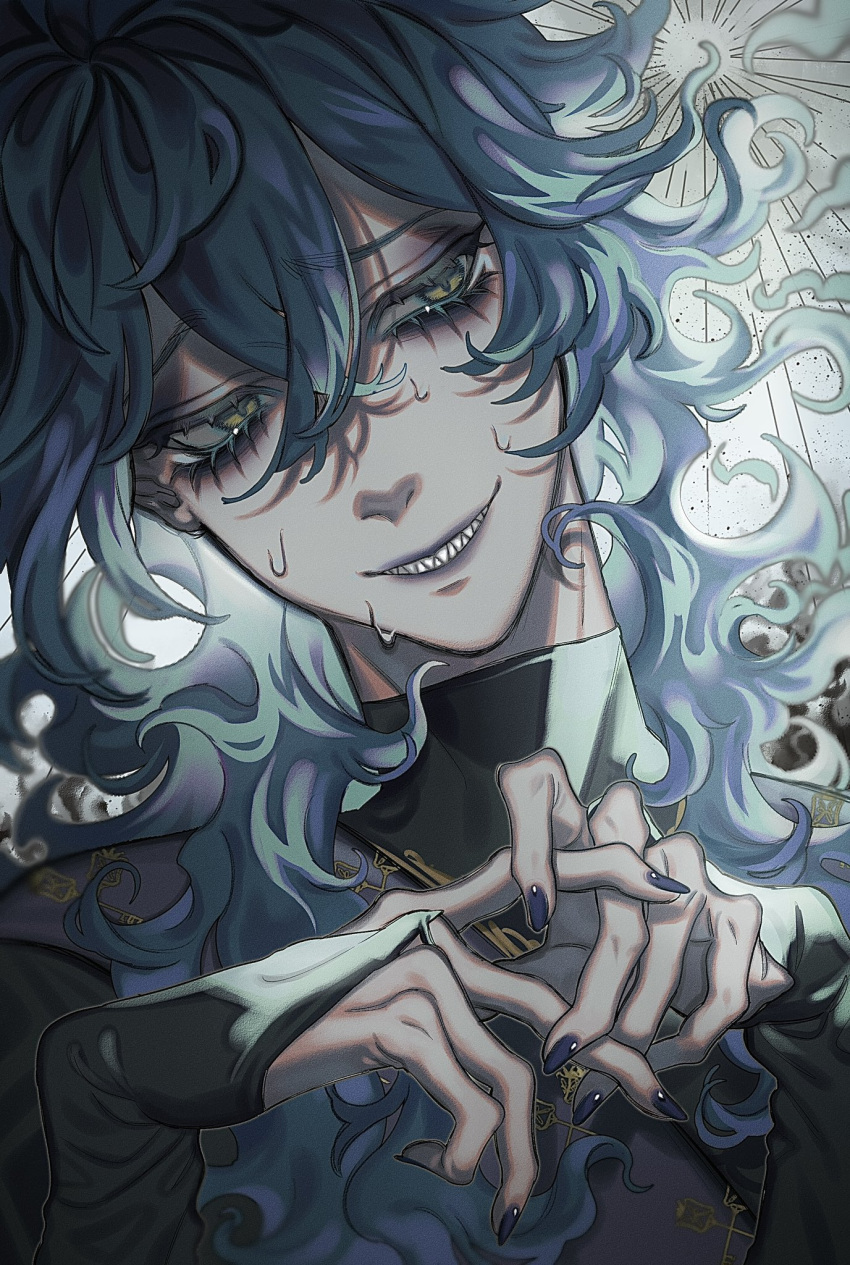 1boy, blue_hair, commentary_request, fiery_hair, grey_background, grin, highres, idia_shroud