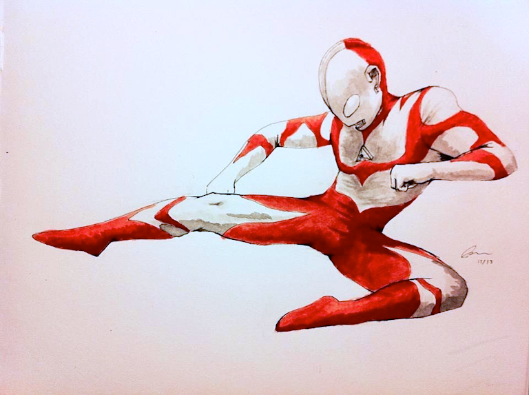 1boy, clenched_hands, color_ink_(medium), color_timer, colored_skin, dated, derivative_work, floating