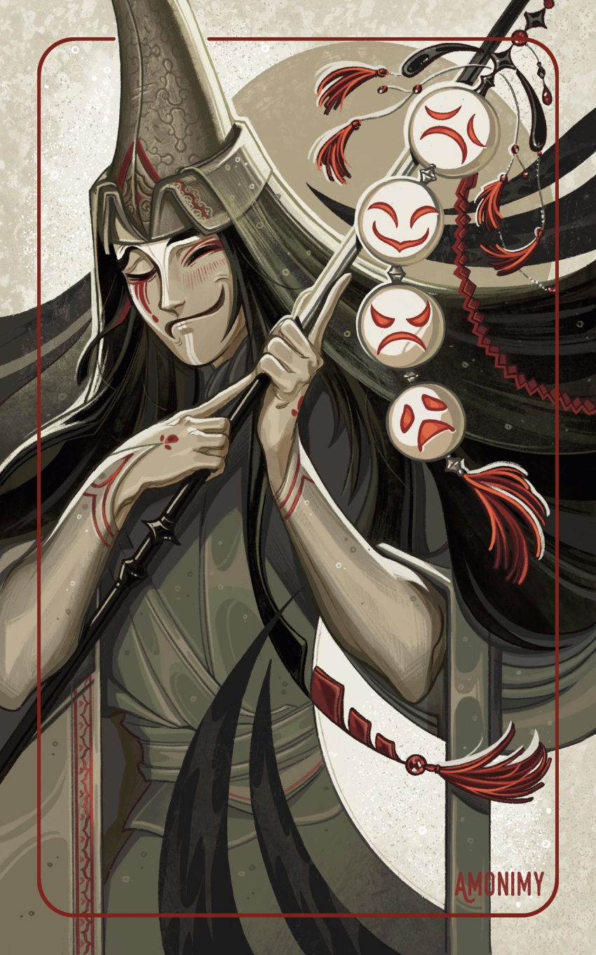 1boy, amonimy, artist_name, bai_wuxiang, black_hair, border, brown_background, chinese_clothes