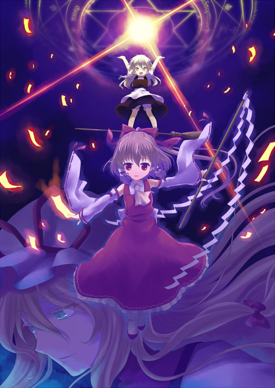 blonde_hair, bloomers, broom, broom_surfing, broomsurfing, brown_hair, detached_sleeves, gohei