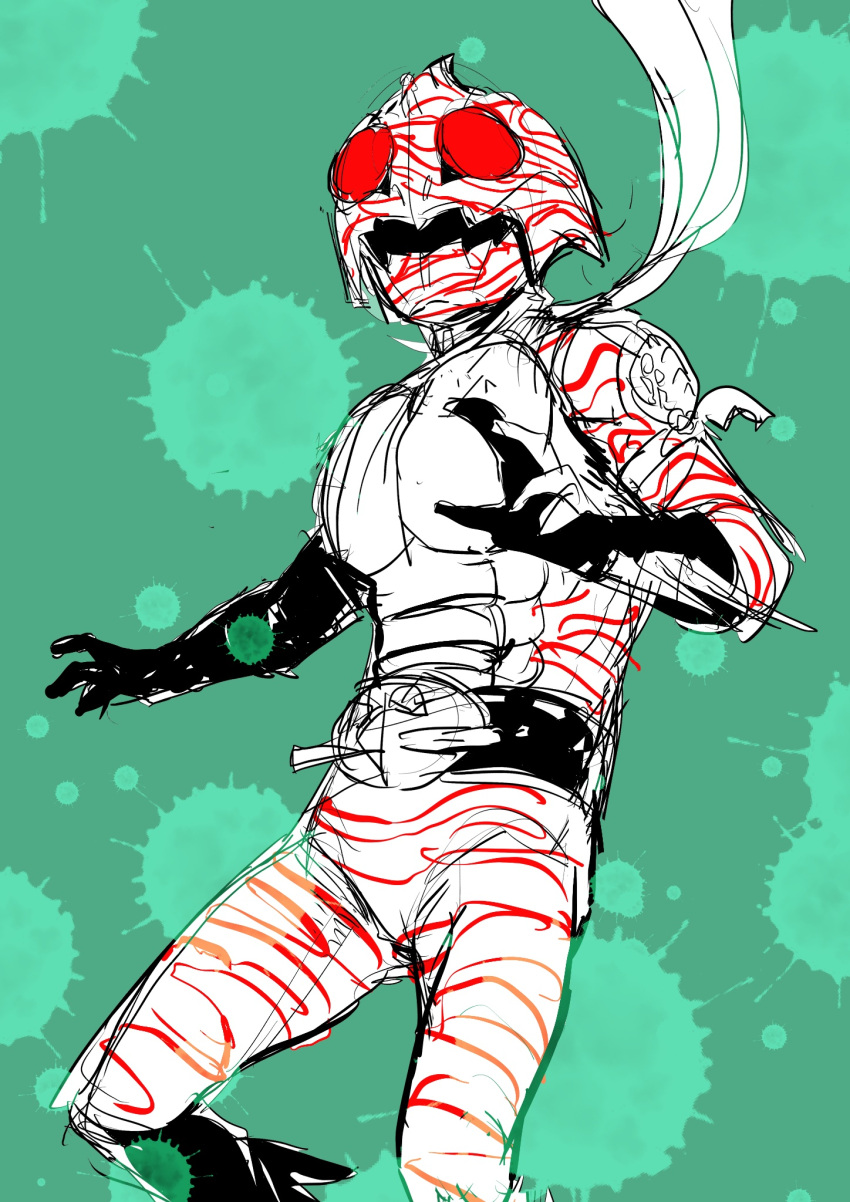 1boy, arm_fins, armor, belt, fins, green_background, highres, horns