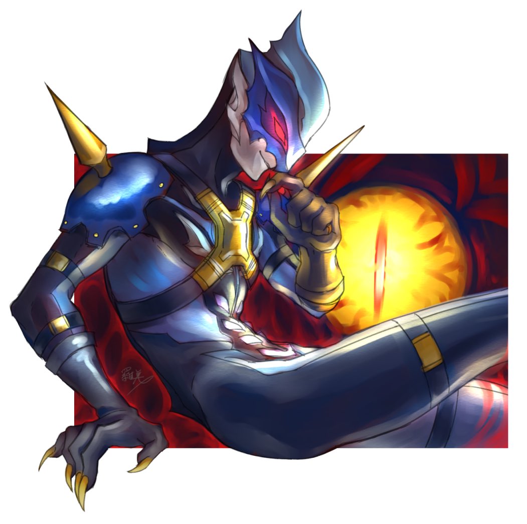 1boy, alien, arm_strap, armor, black_gloves, blue_armor, blue_mask, blue_skin, claws, colored_skin, commentary_request, gloves, grimdo, hand_on_own_chin, kaiju, llam_hato_810, male_focus, multicolored_skin, red_aura, shoulder_armor, shoulder_spikes, signature, silver_skin, sitting, slit_pupils, spikes, thigh_strap, tokusatsu, ultra_series, ultraman_taiga_(series), ultraman_tregear, yellow_eyes