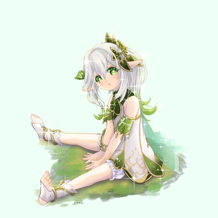 1girl, :o, arms_between_legs, bare_shoulders, bloomers, bracelet, commentary, detached_sleeves, dress, from_side, full_body, genshin_impact, gold_trim, gradient_hair, green_eyes, green_hair, green_sleeves, hair_between_eyes, hair_ornament, highres, jewelry, leaf_hair_ornament, light_blush, long_hair, looking_at_viewer, looking_to_the_side, multicolored_hair, nahida_(genshin_impact), on_grass, pointy_ears, shiroyan, side_ponytail, sitting, sleeveless, sleeveless_dress, solo, sparkle, stirrup_legwear, symbol-shaped_pupils, toeless_legwear, toes, white_bloomers, white_dress, white_hair