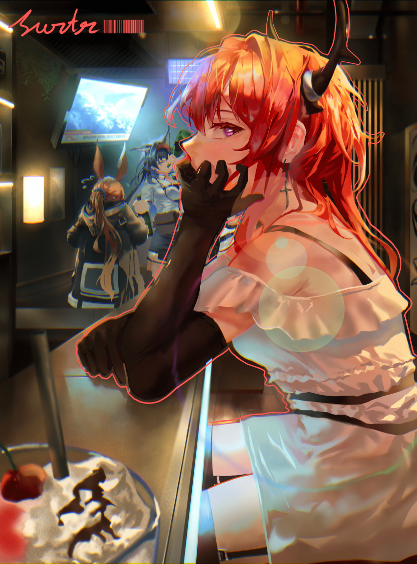 3girls, 4ll1um, absurdres, alternate_costume, amiya_(arknights), animal_ears, arknights, bare_shoulders, black_gloves, black_hair, black_jacket, black_shorts, blaze_(arknights), breasts, brown_hair, cat_ears, cross, cross_earrings, demon_girl, demon_horns, dress, drinking, earrings, elbow_gloves, gloves, hair_between_eyes, hairband, highres, hood, hood_down, hooded_jacket, horns, indoors, jacket, jewelry, long_hair, long_sleeves, looking_at_viewer, milkshake, multiple_girls, ponytail, rabbit_ears, rabbit_girl, red_hairband, redhead, shorts, sitting, solo_focus, surtr_(arknights), television, violet_eyes, white_dress