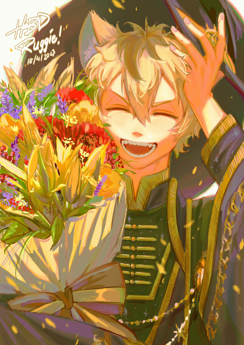 1boy, blonde_hair, bouquet, closed_eyes, commentary_request, facing_viewer, fangs, hand_on_own_head