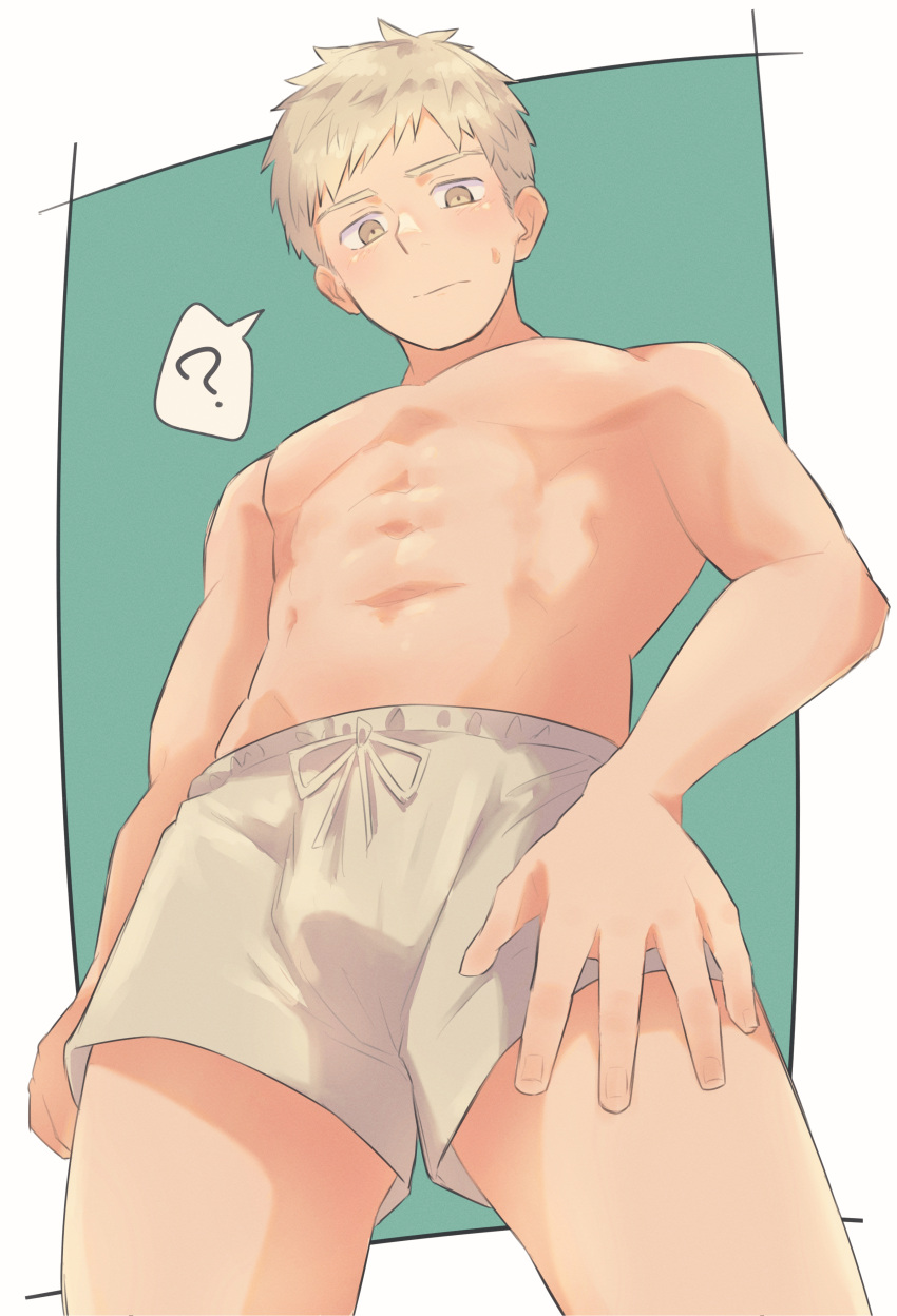 1boy, ?, absurdres, blonde_hair, closed_mouth, commentary_request, cowboy_shot, dungeon_meshi, highres, kochi0801, laios_touden, looking_at_viewer, male_focus, male_underwear, no_nipples, short_hair, solo, spoken_question_mark, sweatdrop, toned, toned_male, two-tone_background, underwear, underwear_only, white_male_underwear, yellow_eyes
