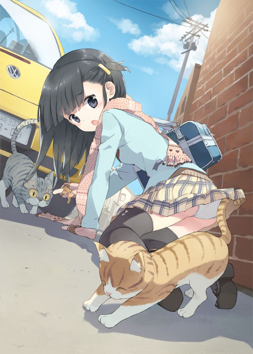 :o, bag, black_hair, black_legwear, black_thighhighs, blue_eyes, blush, car, cat, cloud, clouds, hair_ornament, hairclip, hatomi_aika, jpeg_artifacts, loli, looking_back, motor_vehicle, open_mouth, original, panties, scarf, school_uniform, skirt, skirt_lift, sky, solo, striped, striped_panties, thigh-highs, thighhighs, tiv, underwear, upskirt, vehicle, volkswagen, volkswagen_beetle, white_panties