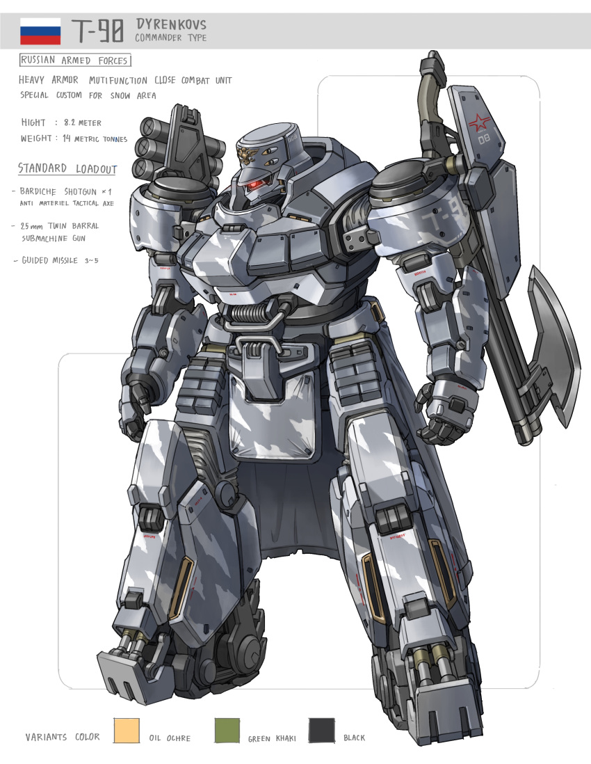 absurdres, arctic_camouflage, axe, bayonet, camouflage, caterpillar_tracks, commentary, concept_art