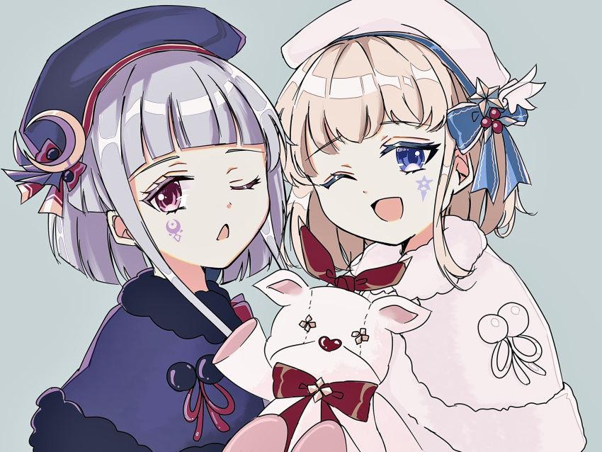 2girls, 4nka_marine, ;d, arcaea, beret, blonde_hair, blue_capelet, blue_eyes