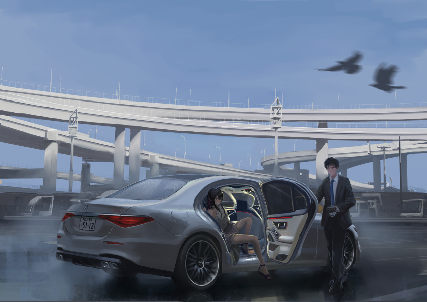 1boy, 1girl, absurdres, bird, black_jacket, black_pants, black_suit, blue_necktie, blue_sky, box_truck, car, chauffeur, clouds, daikoku_parking_area, day, dress, elevated_highway, highres, jacket, license_plate, mercedes-benz, mercedes-benz_amg_gt, motor_vehicle, necktie, open_clothes, open_door, open_jacket, original, overpass, pants, scenery, shirt, sky, suit, truck, white_car, white_dress, white_shirt, yukikaze_supersylph