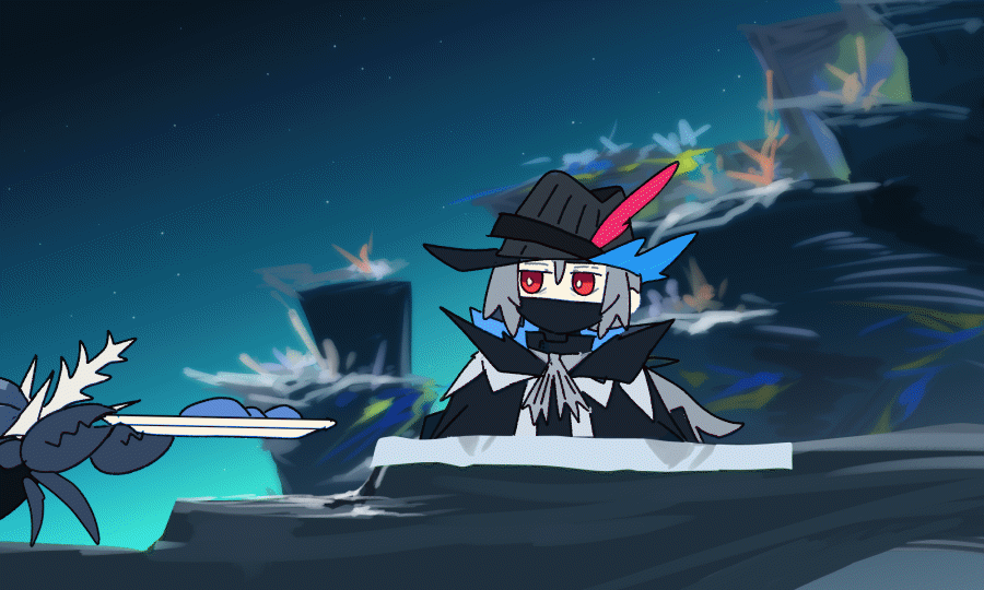 1boy, 1other, anchor, animated, animated_gif, arknights, black_cape, black_hat