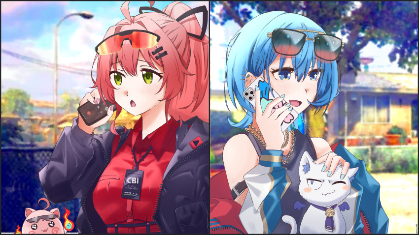 2girls, ahoge, alternate_costume, animal_ears, arm_belt, black_jacket, black_ribbon, black_tank_top, blue_eyes, blue_hair, blue_jacket, blue_nails, breasts, cat, cat_ears, cat_tail, cellphone, chain, chain_necklace, collared_shirt, day, earpiece, eyewear_on_head, green_eyes, hair_ornament, hair_ribbon, hairclip, headpat, highres, holding, holding_phone, hololive, hololive_grand_theft_auto, hoshimachi_suisei, id_card, jacket, jewelry, long_hair, long_sleeves, maguchi_(sakura_miko), medium_breasts, multiple_girls, necklace, nnorashinori, open_clothes, open_jacket, open_mouth, outdoors, phone, pink_hair, pink_nails, ponytail, red-tinted_eyewear, red_shirt, ribbon, sakura_miko, shirt, short_hair, sky, smartphone, smartphone_case, star_(symbol), star_in_eye, sunglasses, symbol_in_eye, tail, takoyaki_(hoshimachi_suisei), talking_on_phone, tank_top, tinted_eyewear, virtual_youtuber, wings