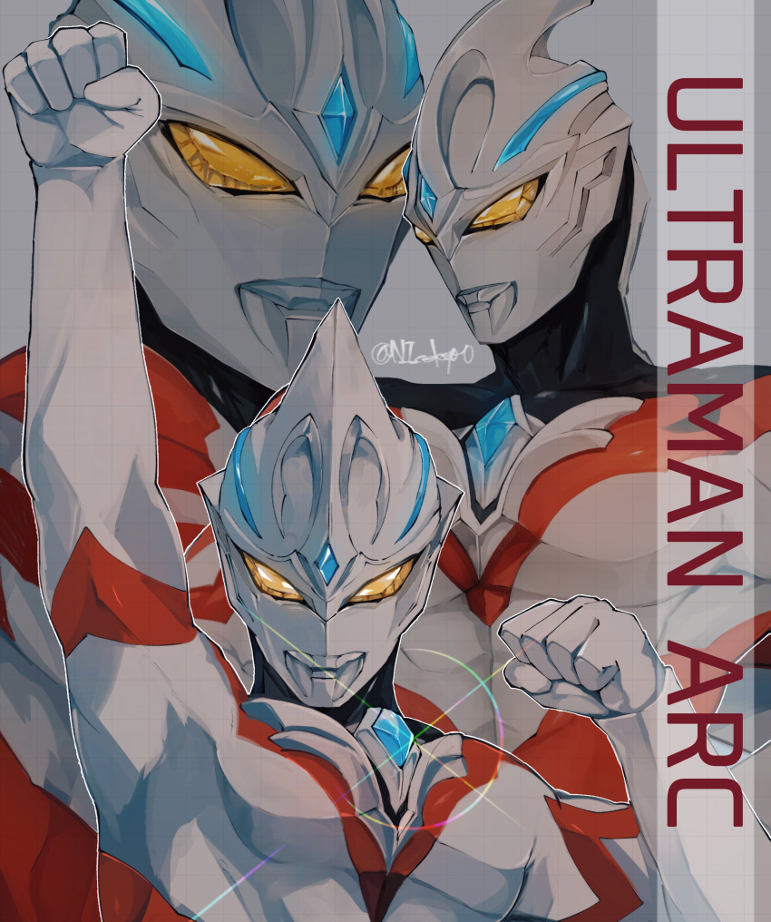 1boy, absurdres, alien, arm_up, black_skin, blue_gemstone, character_name, clenched_hand
