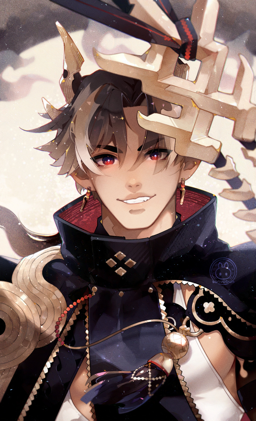 1boy, arknights, artist_logo, bright_pupils, brown_hair, brown_horns, chongyue_(arknights), dragon_boy