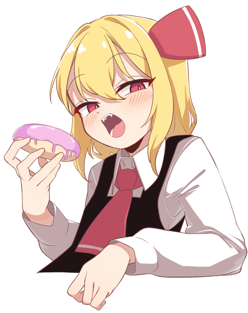1girl, arm_rest, black_skirt, blonde_hair, blush, commentary, doughnut, eating