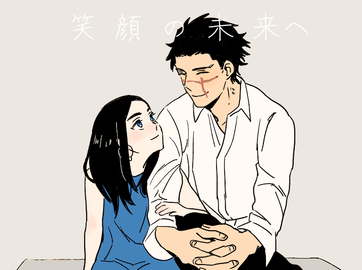 1boy, 1girl, arm_support, asirpa, black_hair, black_pants, blue_dress, blue_eyes