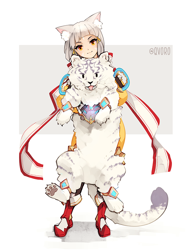 1girl, animal, animal_ear_fluff, animal_ears, blunt_bangs, border, cat_ears, dromarch_(xenoblade)