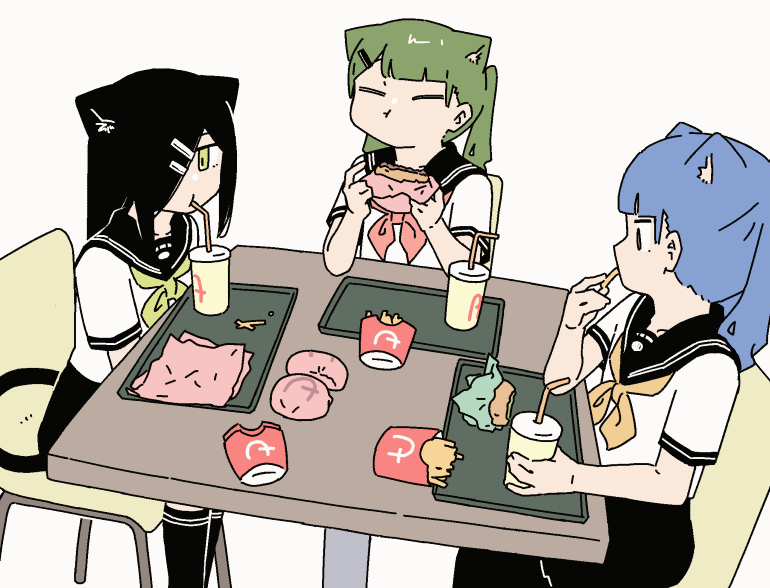 =_=, animal_ears, animated, animated_gif, black_hair, black_socks, blue_hair, burger