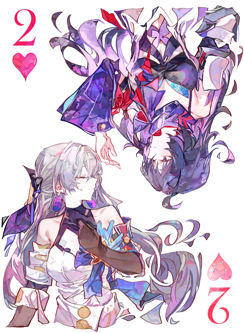 2girls, absurdres, ahoge, bare_shoulders, black_gloves, blue_hair, bronya_rand, closed_eyes
