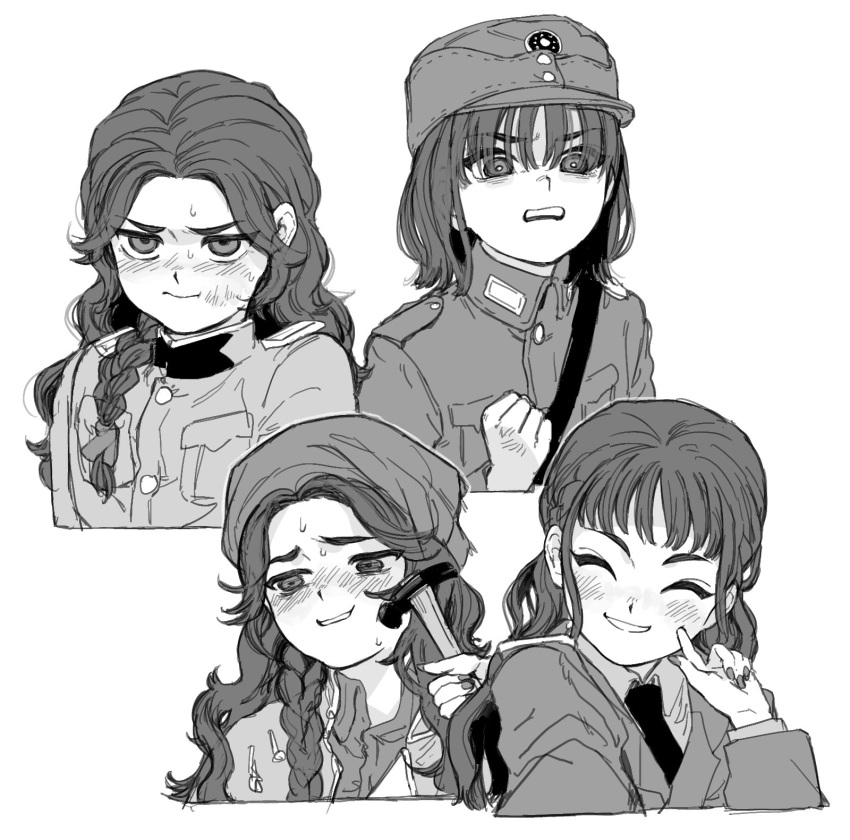 3girls, angry, blush, braid, china, china_(nanimonothing), deel, hammer