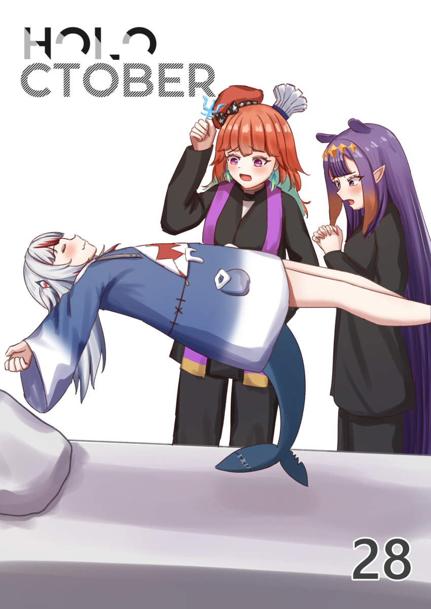absurdres, bed, blue_eyes, blunt_bangs, clerical_collar, fins, fish_tail, floating