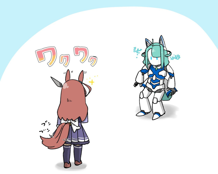 2girls, animal_ears, back_bow, blue_eyes, bow, brown_footwear, brown_hair, deformed