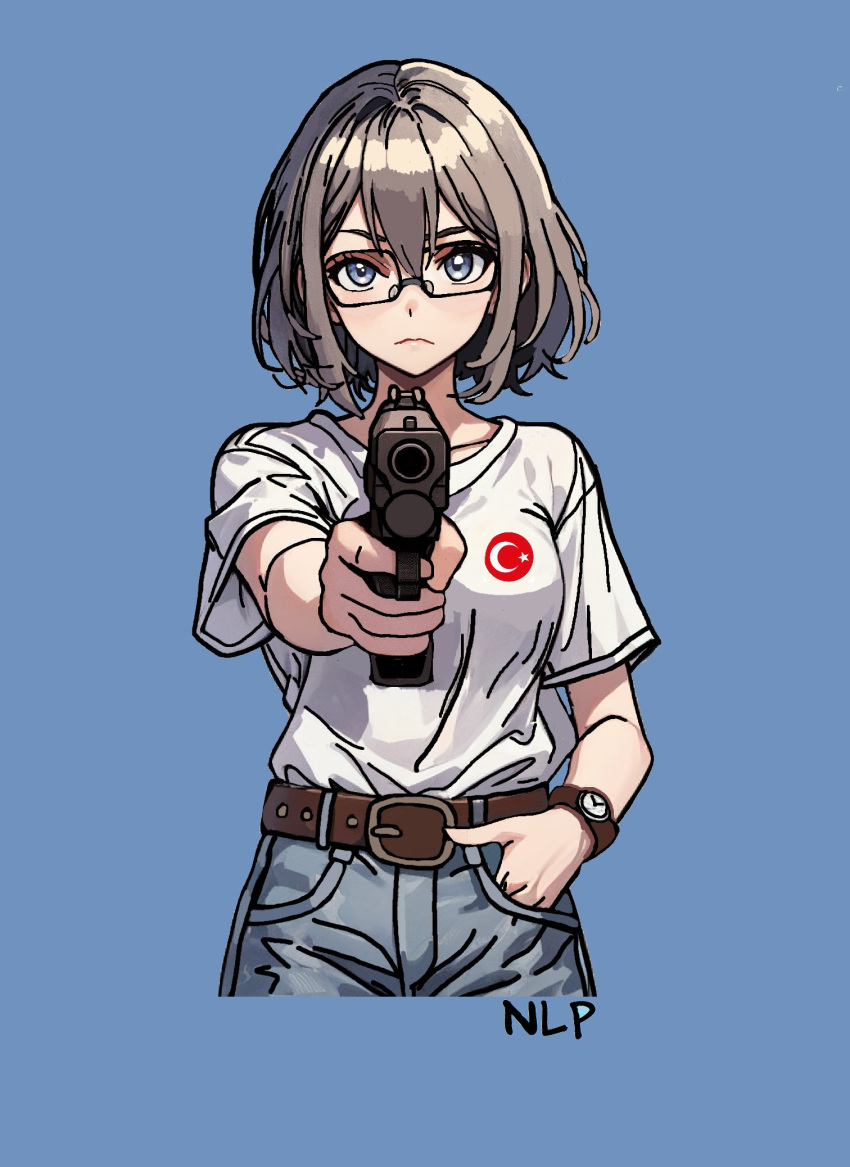 1girl, 2024_summer_olympics, aiming, aiming_at_viewer, belt, blue_eyes, blue_pants, breasts