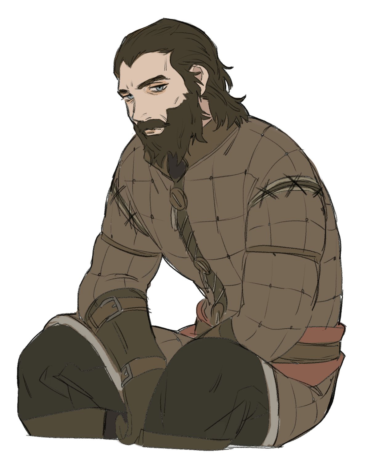 1boy, arms_between_legs, beard, black_pants, blackwall, blue_eyes, brown_coat, brown_gloves, brown_hair, brown_shirt, closed_mouth, coat, commentary_request, cropped_legs, dragon_age, dragon_age:_inquisition, facial_hair, gloves, highres, long_coat, long_sleeves, male_focus, mature_male, medium_hair, mustache, panco500, pants, quilted_clothes, quilted_coat, shirt, simple_background, sitting, solo, white_background