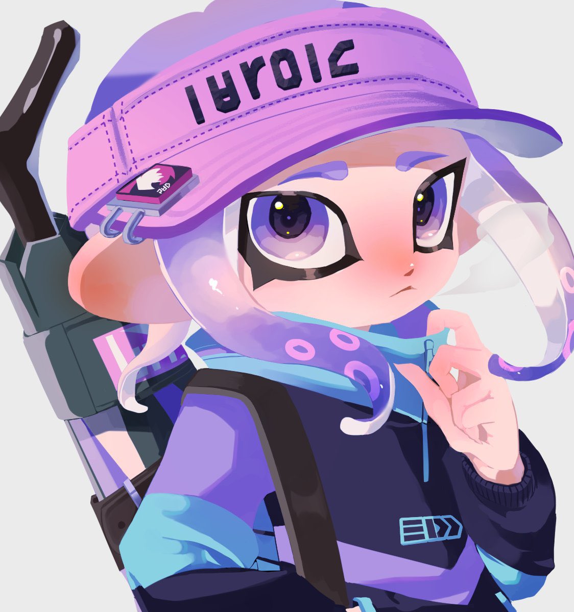 1girl, :<, black_jacket, blush, breath, closed_mouth, clothes_writing, fingernails, grey_background, hat, inkling_(language), jacket, long_sleeves, medium_hair, multicolored_clothes, multicolored_jacket, no_lineart, octoling, octoling_girl, octoling_player_character, pink_hat, purple_hair, ramupi_122, sharp_fingernails, simple_background, solo, splat_brella_(splatoon), splatoon_(series), tentacle_hair, upper_body, violet_eyes, visor_cap, zipper_pull_tab