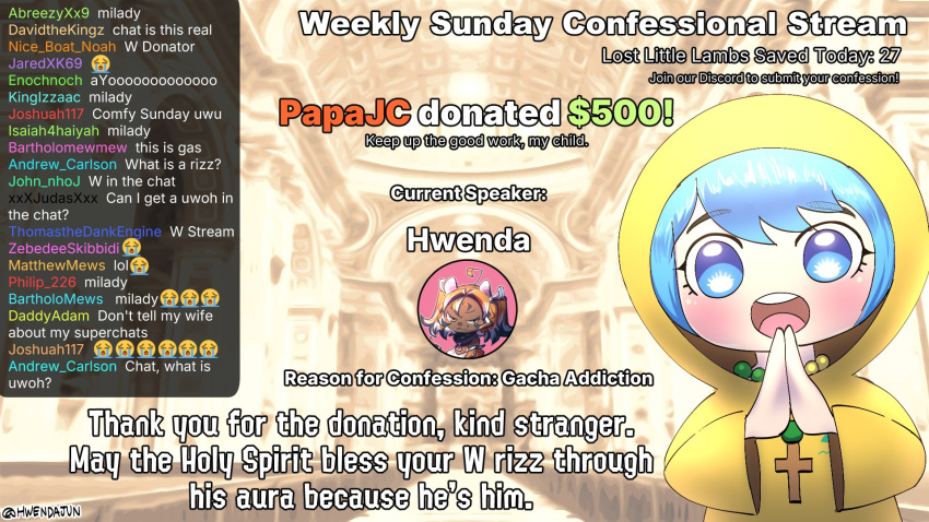 1girl, bead_necklace, beads, blue_eyes, blue_hair, chat_log, church, commentary, english_commentary, english_text, highres, hwendajun, jewelry, jubilee_2025, luce_(jubilee_2025), meme, necklace, open_mouth, own_hands_together, smile, solo, twitter_username, uohhhhhhhhh!_(meme), virtual_youtuber, yellow_raincoat