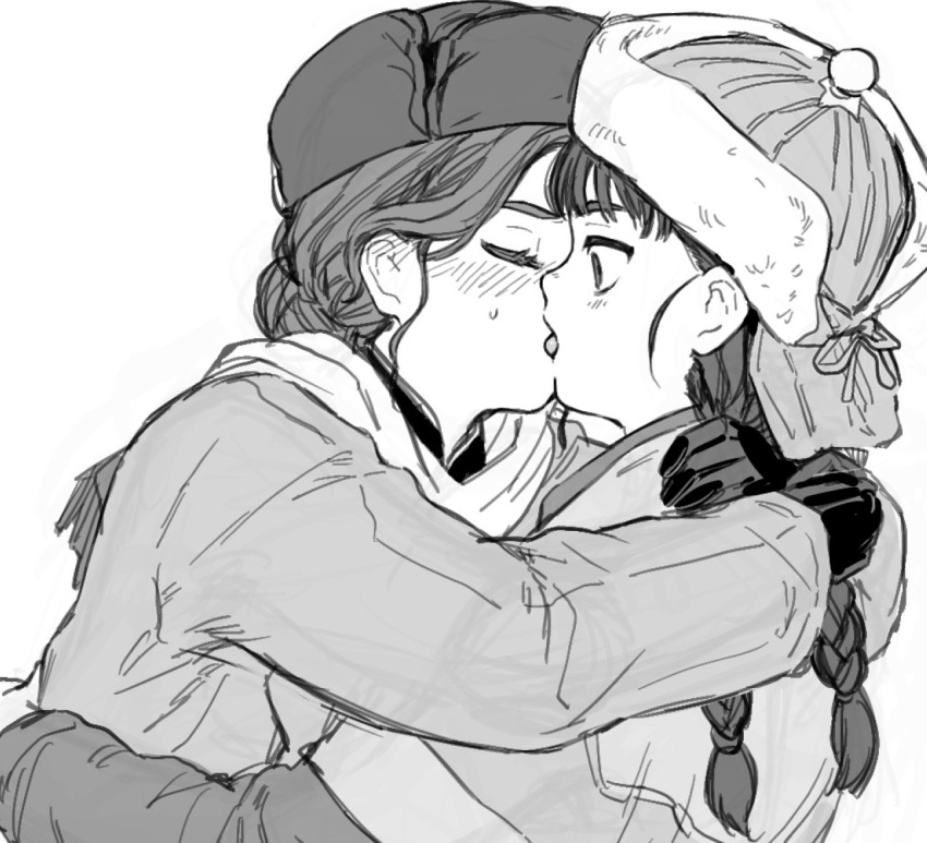 2girls, fur_hat, greyscale, hat, long_hair, mandarin_collar, mongolia, mongolia_(nanimonothing), mongolian_clothes, monochrome, multiple_girls, nanimonothing, original, russia, russia_(nanimonothing), sketch, toortsog, upper_body, ushanka, white_background, yuri