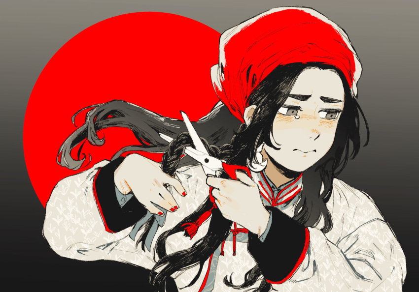 1girl, black_hair, braid, china, colonialism, cutting_hair, deel, gradient_background