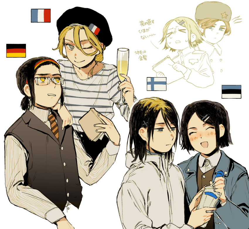 1boy, 5girls, alcohol, beret, black_hair, black_vest, blonde_hair, blue_eyes