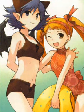 2girls, bat_wings, blonde_hair, blue_eyes, blue_hair, bow, brown_eyes, female, hair_bow, happy, lowres, lyuri, multiple_girls, navel, orange_hair, pointy_ears, riviera, serene, serene_(riviera), short_hair, smile, swimsuit, tobe_sunaho, twintails, wings, wink