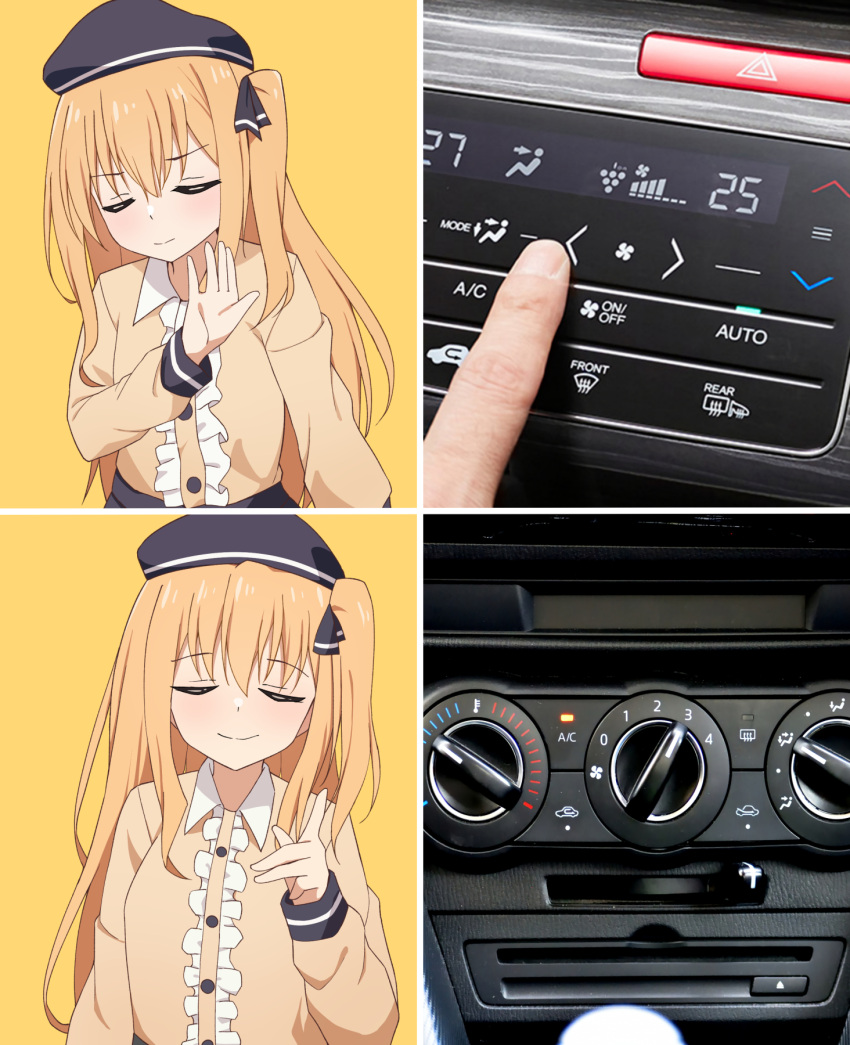 1girl, beret, black_hat, black_ribbon, blonde_hair, borrowed_character, car_interior, center_frills
