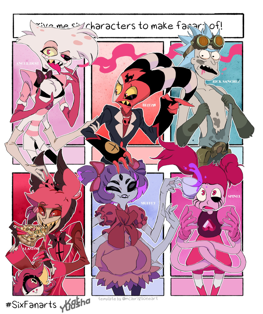 absurdres, alastor_(hazbin_hotel), angel_dust, bad_link, blitzo_(helluva_boss), cup, eating, food