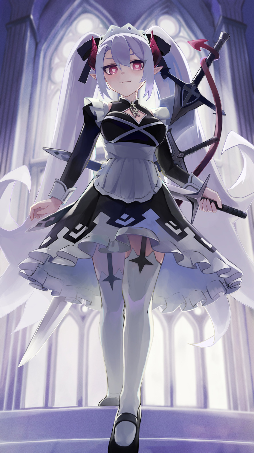 1girl, absurdres, apron, black_footwear, black_ribbon, blush, breasts, broken, broken_chain, chain, charlotte_(ac8231), closed_mouth, commission, demon_girl, demon_tail, dress, frilled_apron, frills, garter_straps, hair_ribbon, heart, heart-shaped_pupils, highres, holding, holding_sword, holding_weapon, holding_with_tail, horns, large_breasts, long_hair, looking_at_viewer, maid, maid_headdress, mary_janes, mitarasi_ranko, original, pink_eyes, pointy_ears, prehensile_tail, ribbon, second-party_source, shoes, skeb_commission, solo, sword, symbol-shaped_pupils, tail, thigh-highs, twintails, very_long_hair, weapon, white_apron, white_hair, white_headdress, white_thighhighs