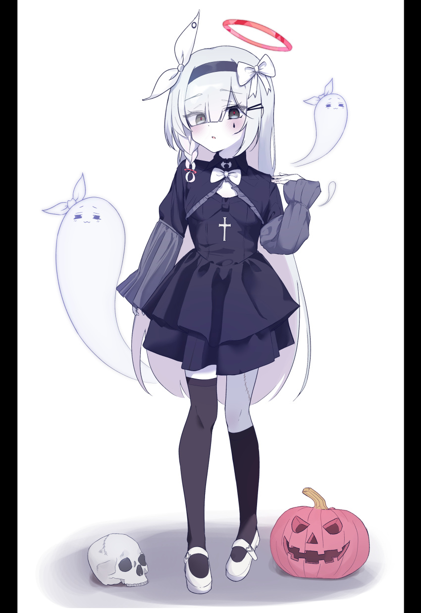 absurdres, alternate_costume, black_dress, black_eyes, black_socks, blue_archive, bow, commentary, cross, dress, ghost, hair_bow, hair_over_one_eye, hairband, halo, highres, mary_janes, plana_(blue_archive), pumpkin, shoes, skull, socks, teardrop_facial_mark, white_background, white_hair, yungun_(dbsrjsdn0330)