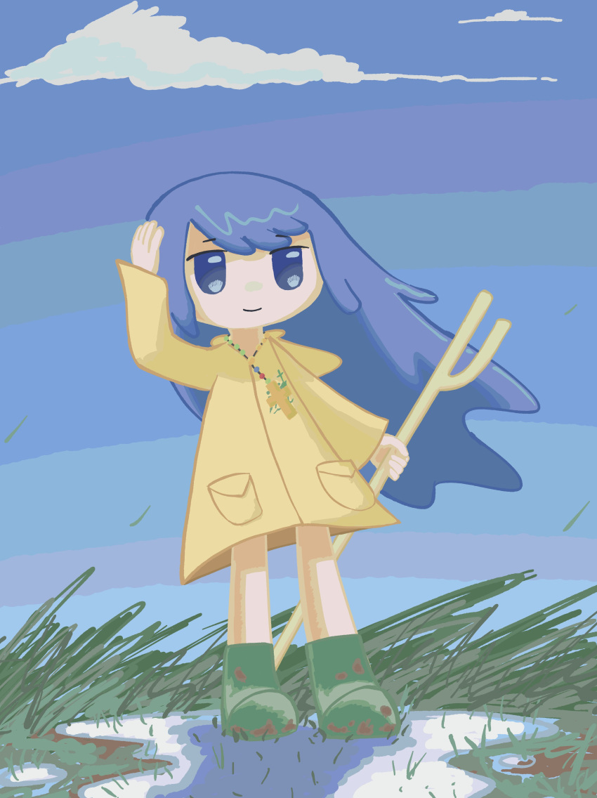 1girl, absurdres, bare_legs, blue_eyes, blue_hair, blue_sky, boots, cane
