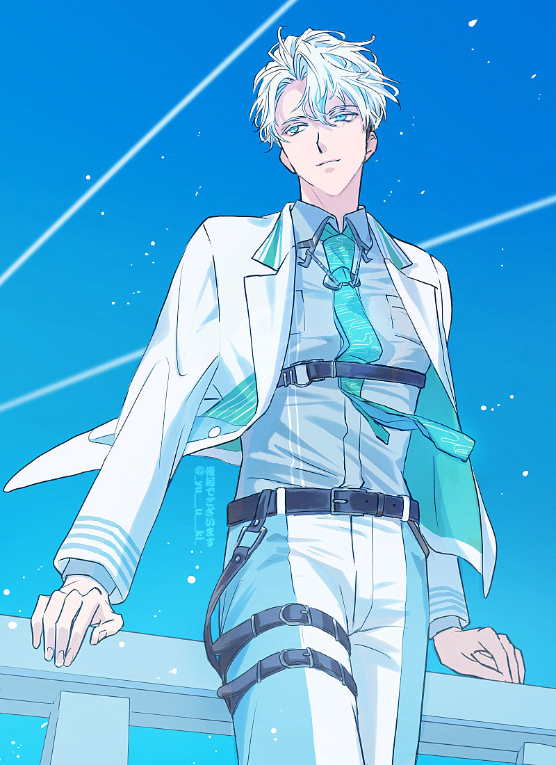 1boy, aqua_eyes, aqua_necktie, belt, blue_eyes, blue_sky, chest_belt, colored_eyelashes